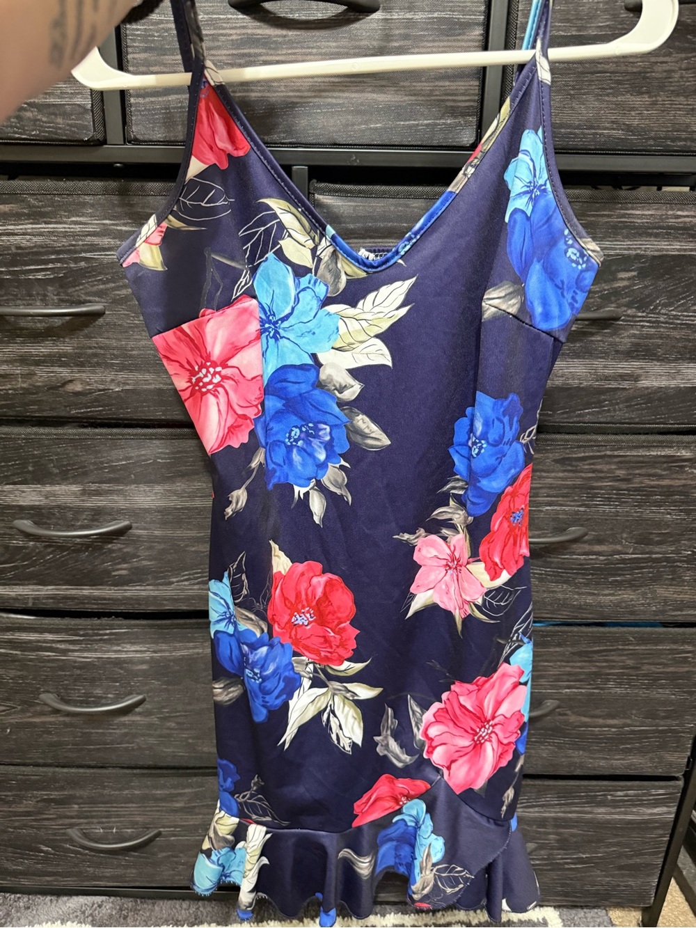 Navy Floral Slip Dress with Ruffle Hem